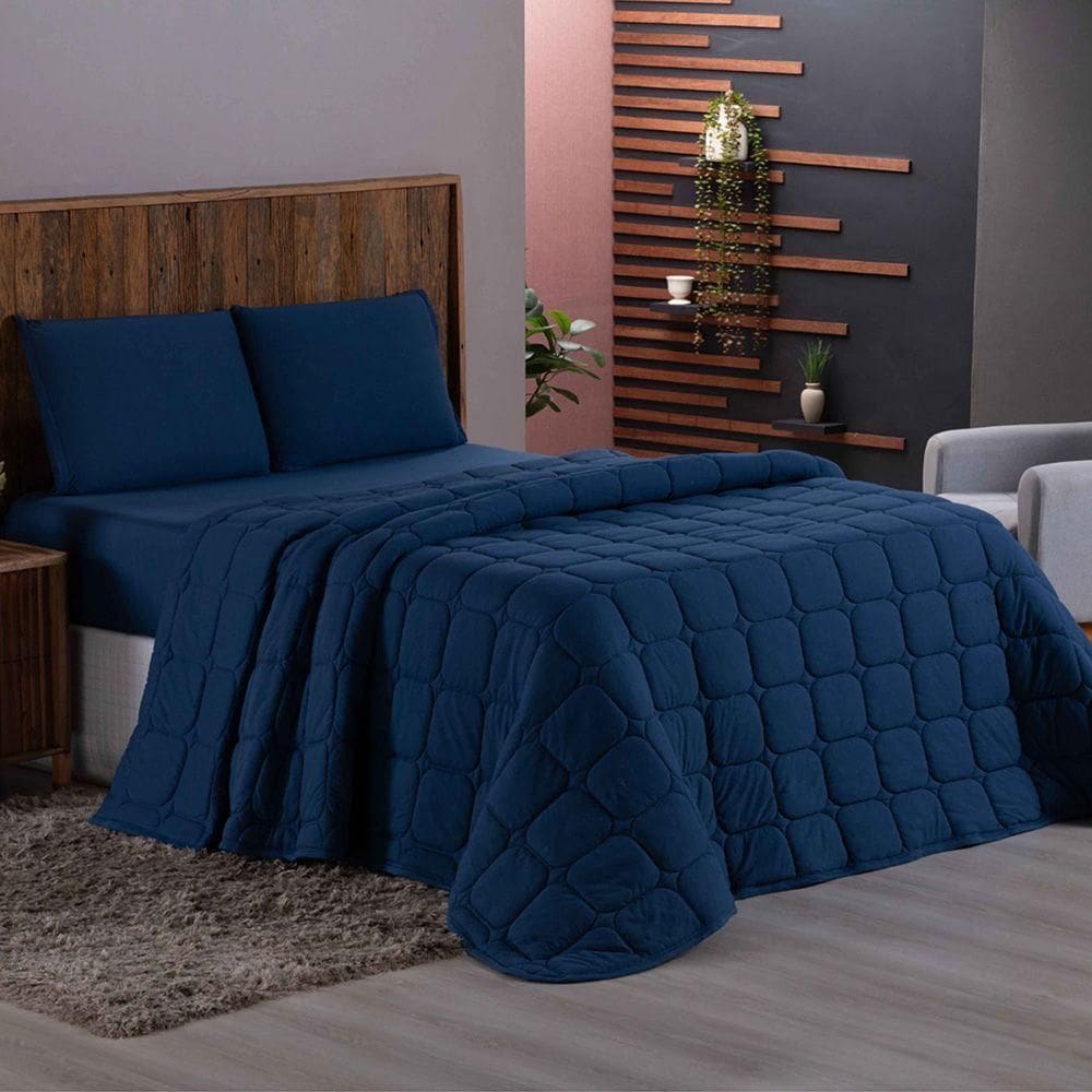 Cobre Leito Colcha Sereno Queen Em Malha - Marinho - 100% Algodão