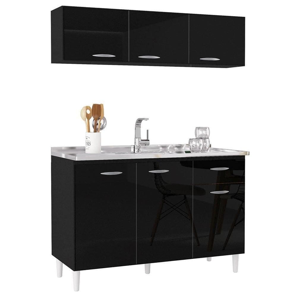 Armário Aéreo E Balcão De Cozinha Com Pia Inox 120cm Classic P11 Preto - Mpozenato