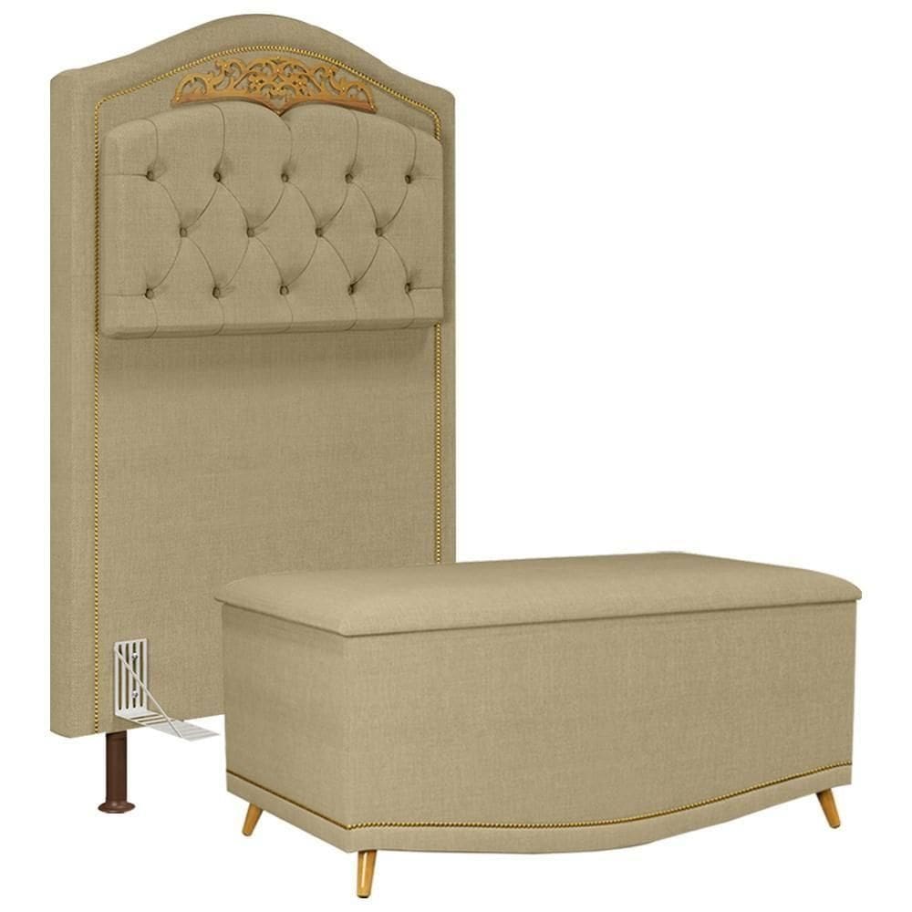 Cabeceira Cama Solteiro 90cm Com Calçadeira Baú Imperial J02 Linho Areia - Mpozenato