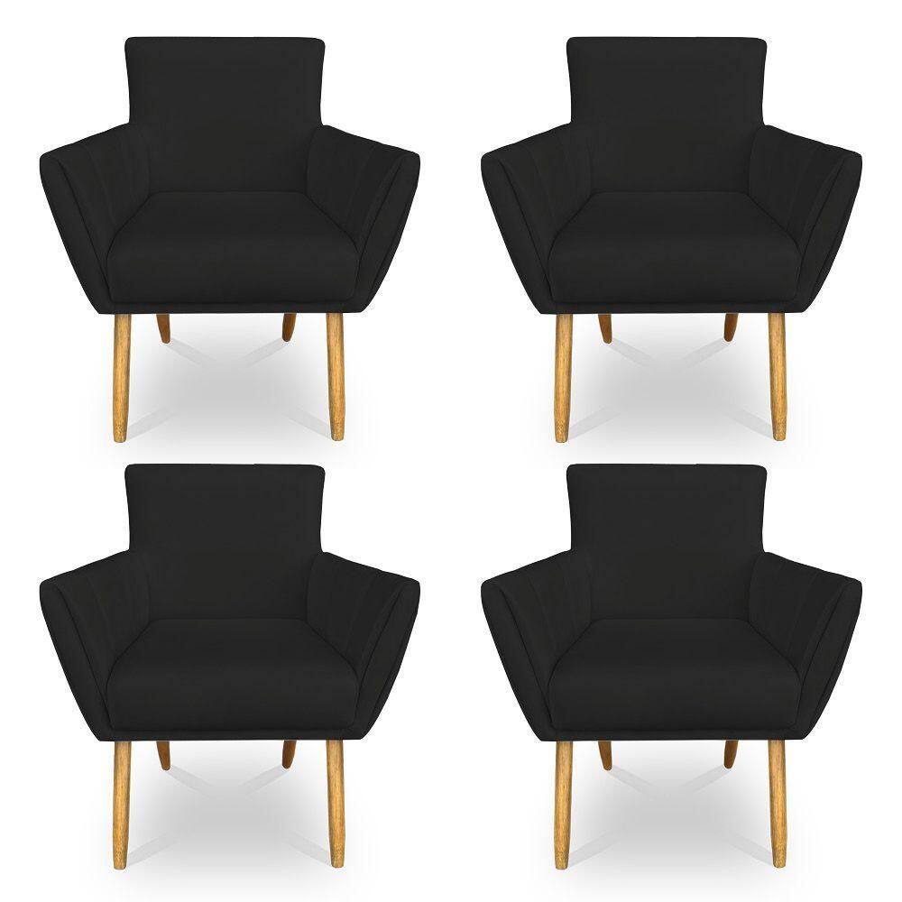 Kit 4 Poltronas Decorativa Leticia Suede Preto Pés Palito Castanho - Pallazio