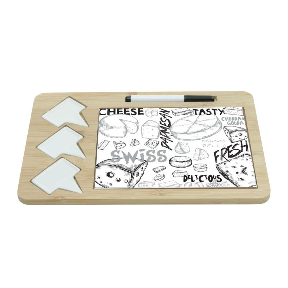 Conjunto De Bandeja Em Bambu e Tábua Em Cerâmica Com 3 Marcadores Cheese Design