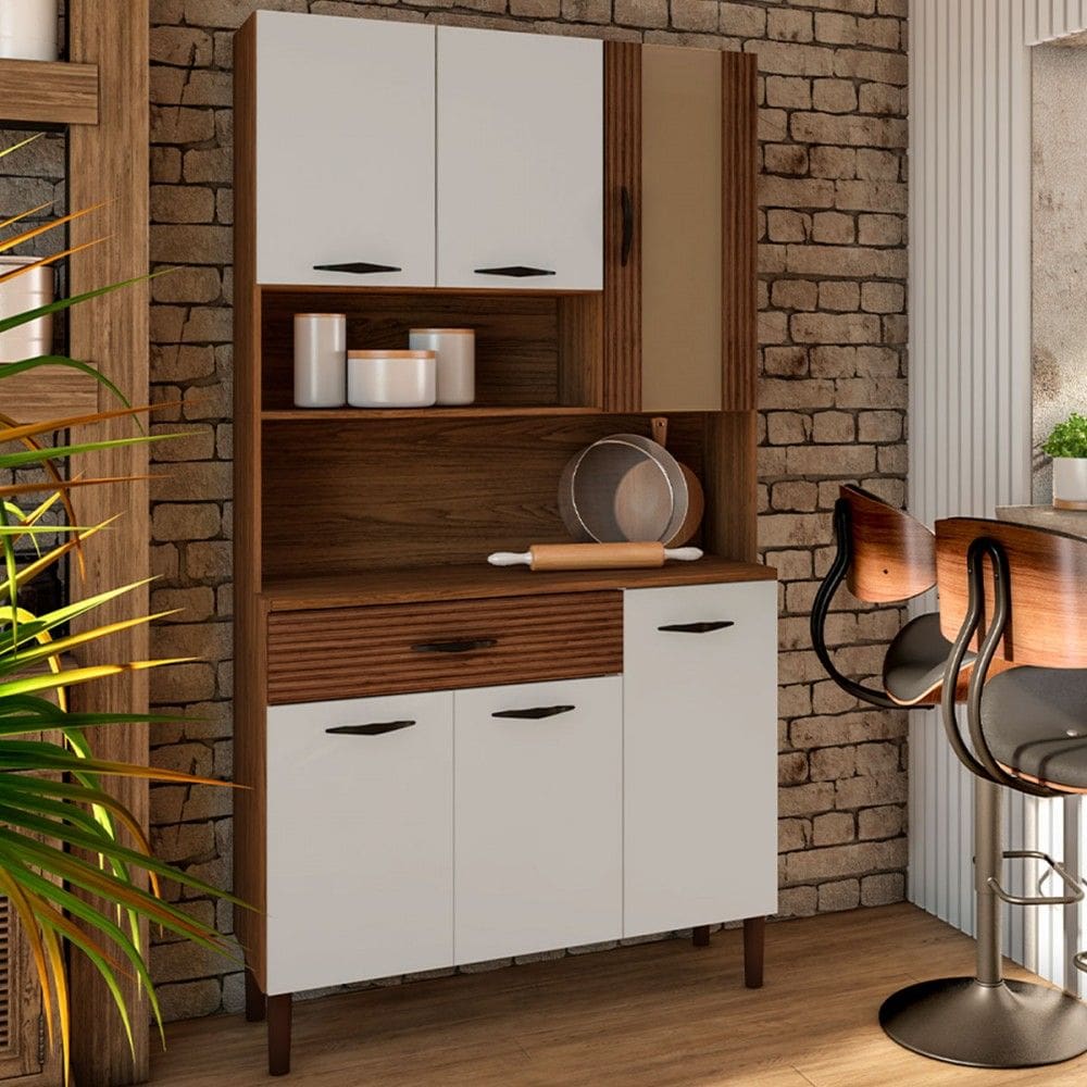 Armário de Cozinha com Balcão Star 6 Portas 1 Gaveta com Vidro Ripado 3d Nogueira/Off White - Pnr Móveis