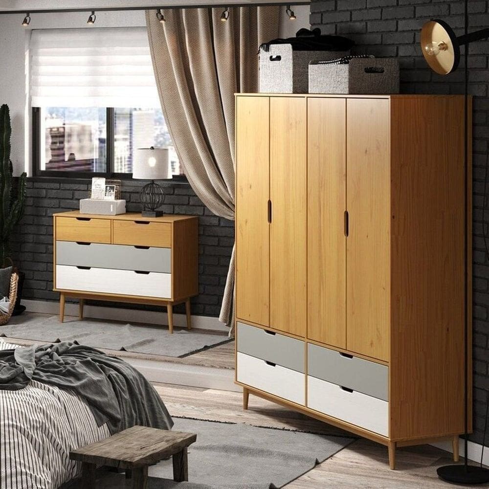 Conjunto Quarto em Madeira Maciça Guarda-Roupa 4 Portas e Cômoda 4 Gavetas Nórdica Yescasa Roble/Cinza/Branco