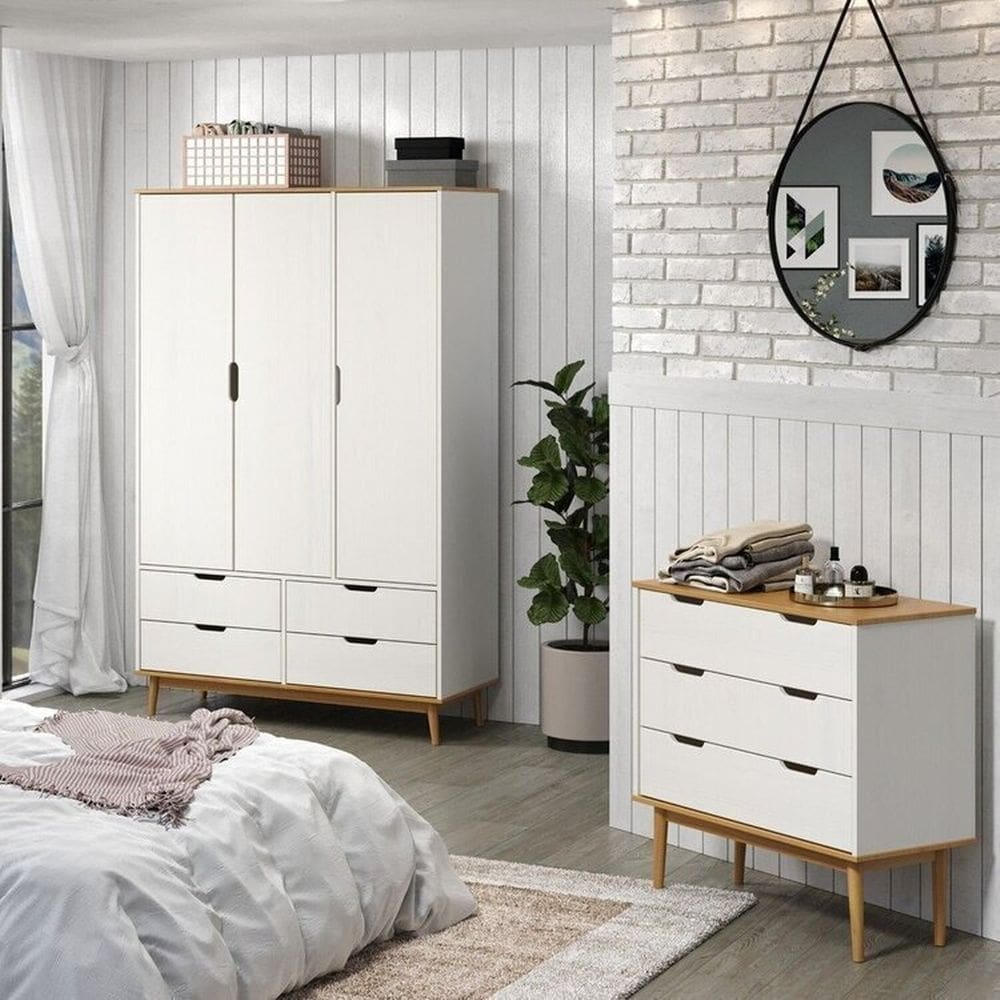 Conjunto Quarto com Guarda-Roupa 3 Portas 4 Gavetas e Cômoda 3 Gavetas Nórdica Yescasa ROBLE/BRANCO