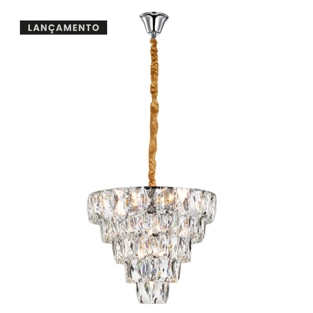 Lustre Pendente Nero 50X40cm Cromado E Cristais Transparente