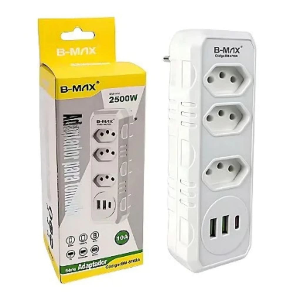 Adaptador Compacto 3 Tomadas+2USB+1 TIPO-C Boa Conexão