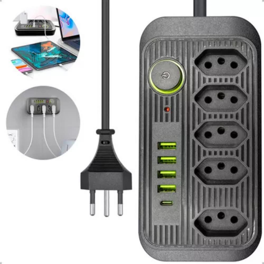 Extensão Régua Elétrica 2 Metros 5 Tomadas 4 Usb 1 Usb-c