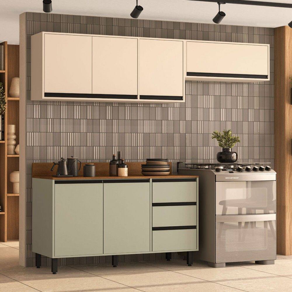 Cozinha Completa Oliva 6 Portas 3 Gavetas Verde Oliva/Creme - Politorno