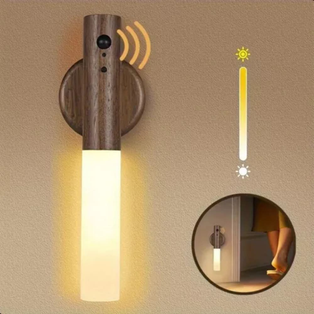 Luminária Luz De Led Parede Com Sensor Portátil Ímã Madeira