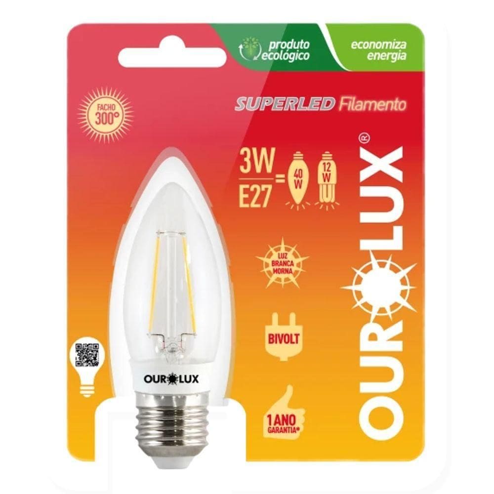 Lâmpada Led Vela Filamento Amarela 3w - Ourolux