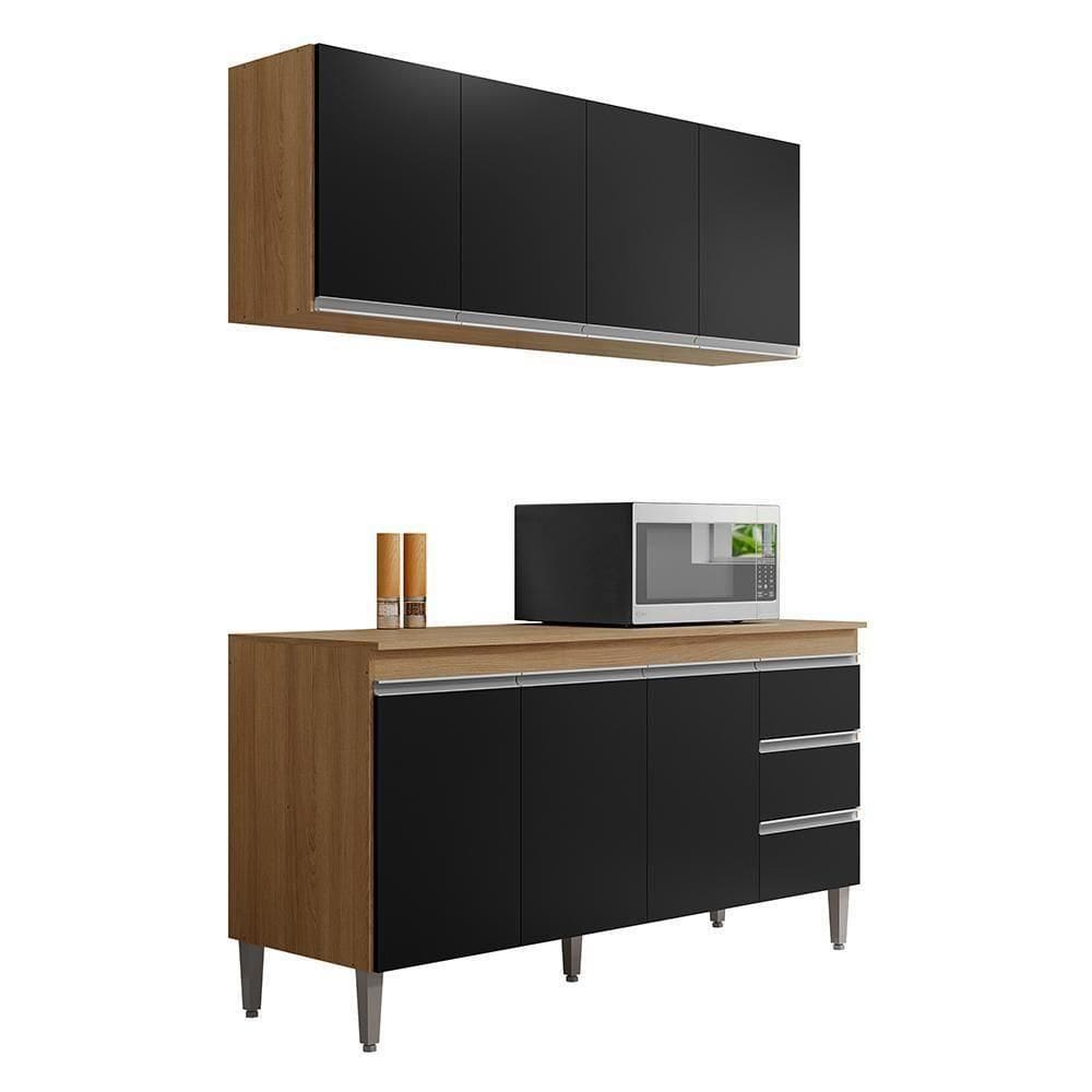 Kit De Cozinha Andréia Balcão 150cm Amêndoa-preto Com Tampo Mdp E Aéreo - Ajl Móveis Amêndoa-preto