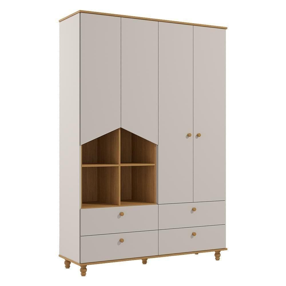 Guarda Roupa Infantil Casinha 4 Portas E 4 Gavetas Off White-nature - Permóbili Baby Off White-nature