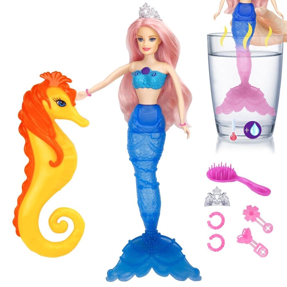 Boneca sereia Bettina Magic Color Changing com cavalo marinho de 12\"