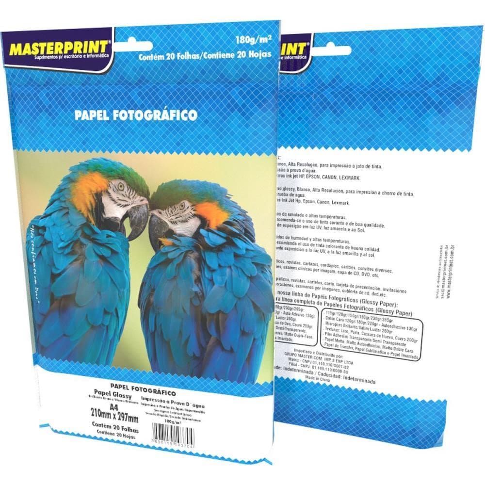 Papel Fotográfico Inkjet A4 Glossy 180g 20fls - Masterprint