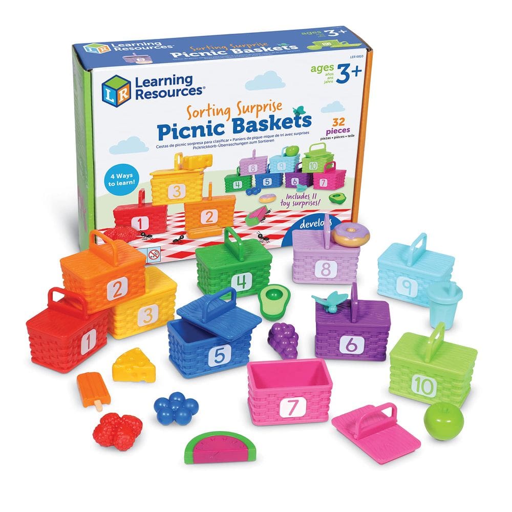 Recursos de aprendizagem de brinquedos: classificando cestas de piquenique surpresa (3 ou mais)