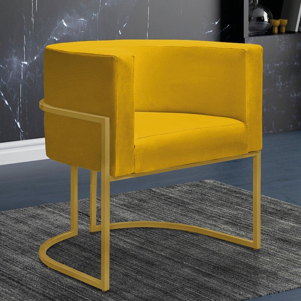 Poltrona Decorativa Nayara Base Ferro Dourado Suede Amarelo