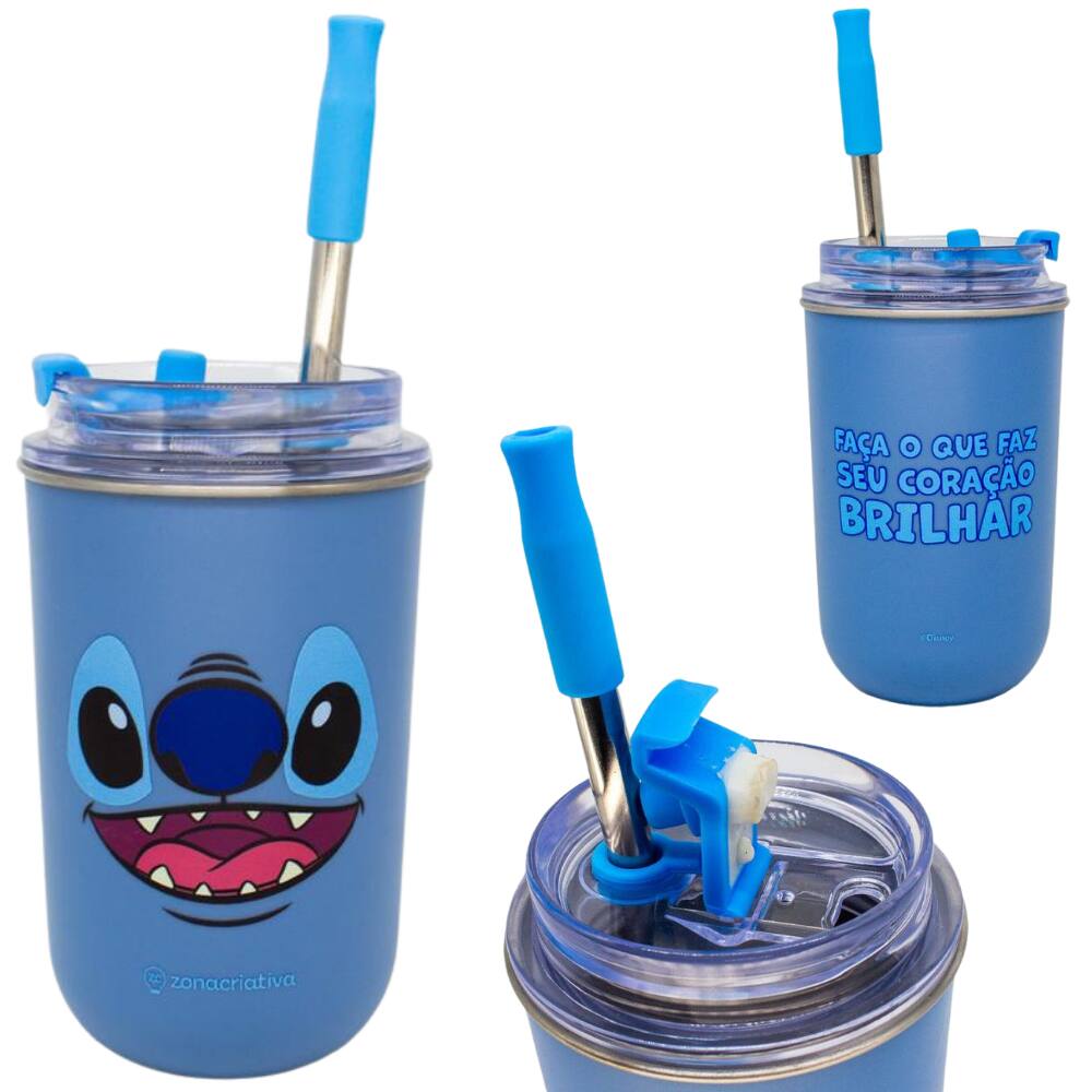 Copo Stitch Térmico Quente Gelado 300ml Azul Com Tampa E Canudo Oficial Disney