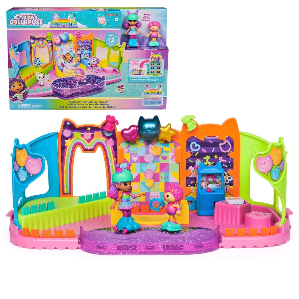 Playset Gabby`s Dollhouse Party Room com bonecos e acesso.