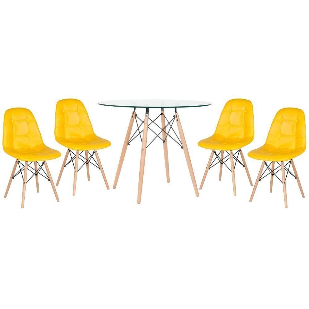 Kit - Mesa De Vidro Eames 90 Cm + 4 Cadeiras Eames Botonê Amarelo Cadeiras Amarelo