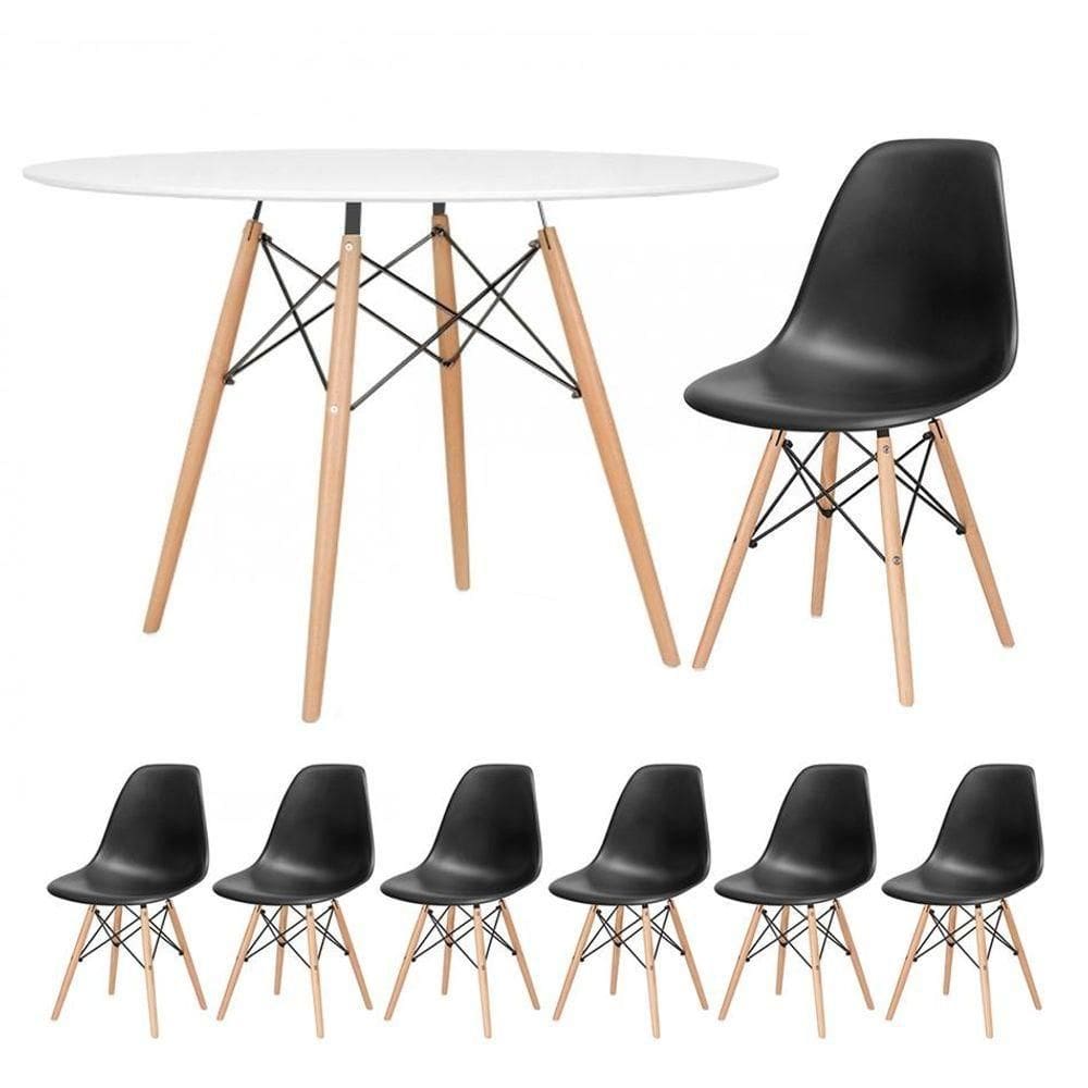 Kit - Mesa Eames 120 Cm Branco + 6 Cadeiras Eames Dsw Preto Mesa Branco Com Cadeiras Preto