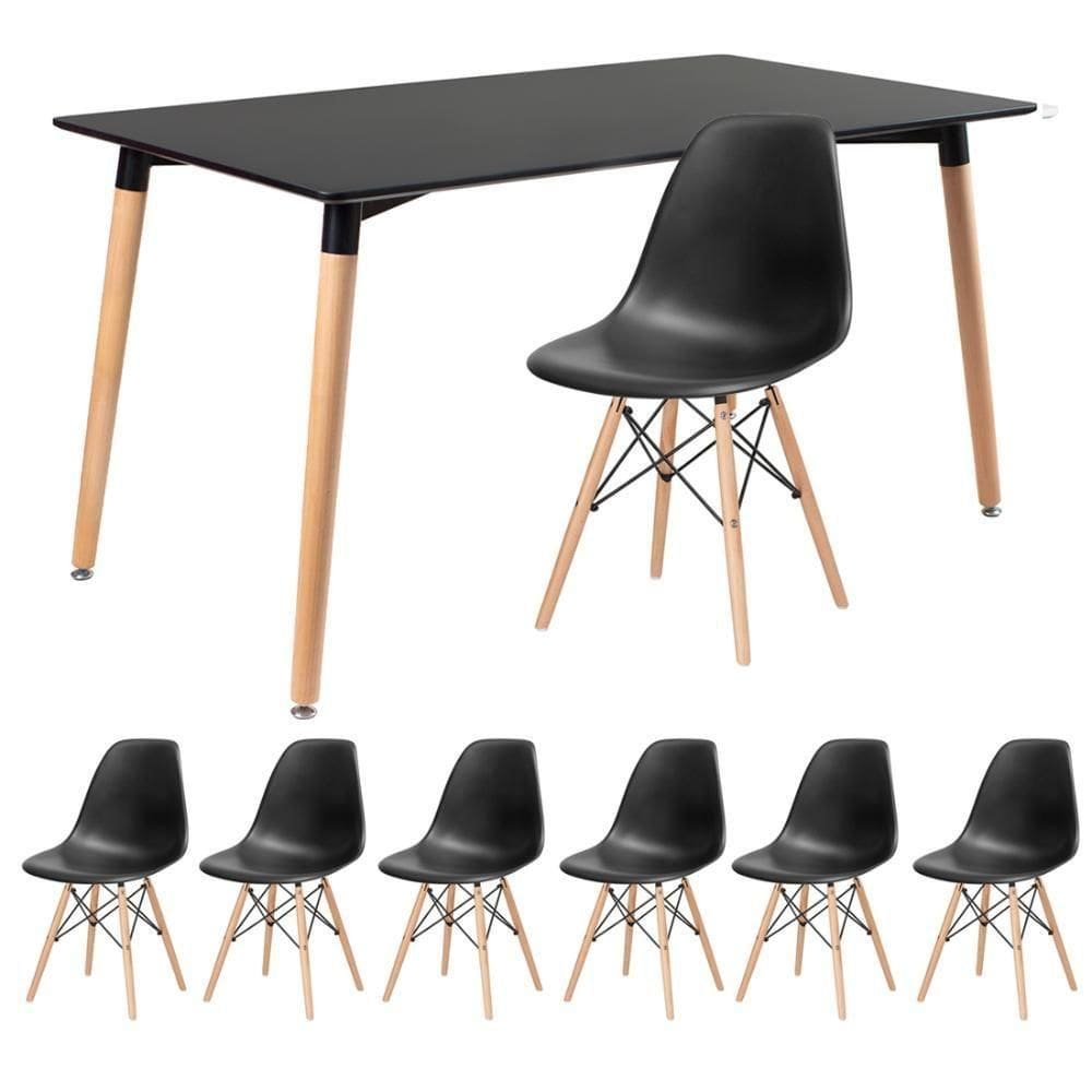 Kit - Mesa Retangular Eames 80 X 140 Cm Preto + 6 Cadeiras Dsw Preto Mesa Preto Com Cadeiras Preto