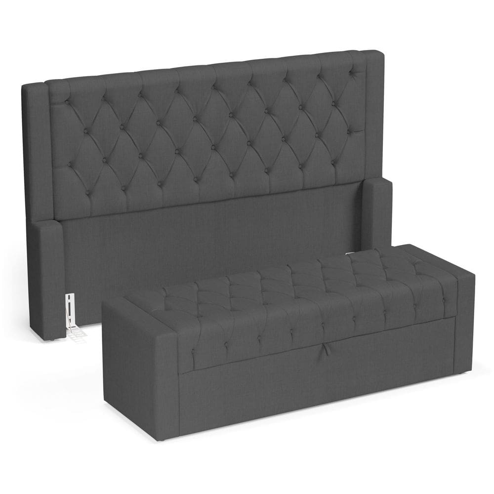 Cabeceira e Calçadeira Báu Queen Size Atena 160cm Capitonê Linho Cinza Escuro - Abmaza