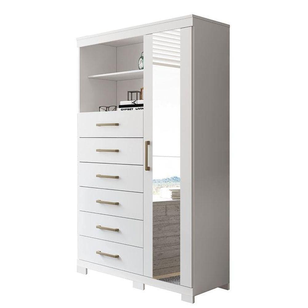 Multi-cômoda Marabá 1 Porta 6 Gavetas Branco Com Pés E Espelho - Santos Andirá Branco