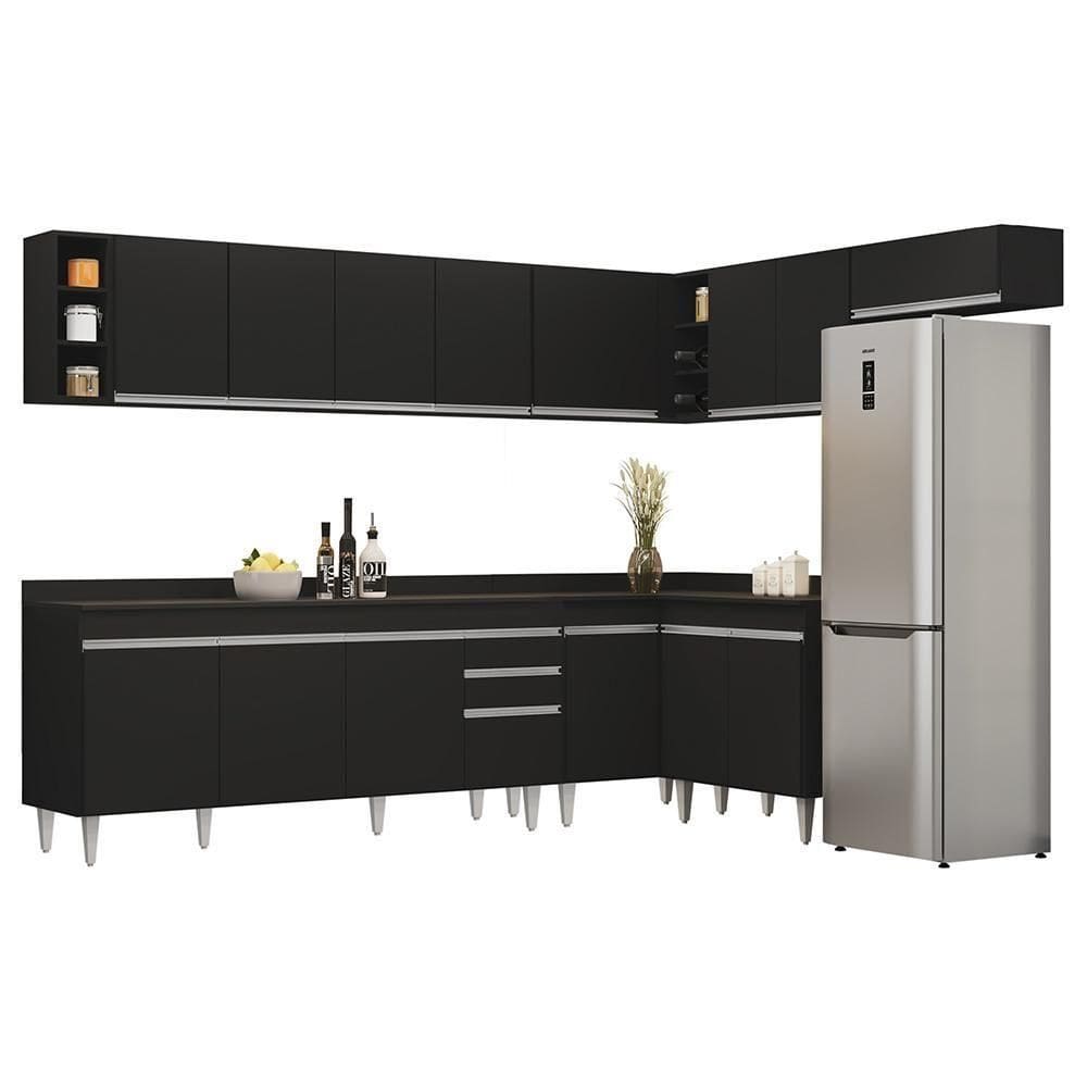 Armário De Cozinha Modulado De Canto 8 Peças Cp26 Balcão Com Tampo Preto - Lumil