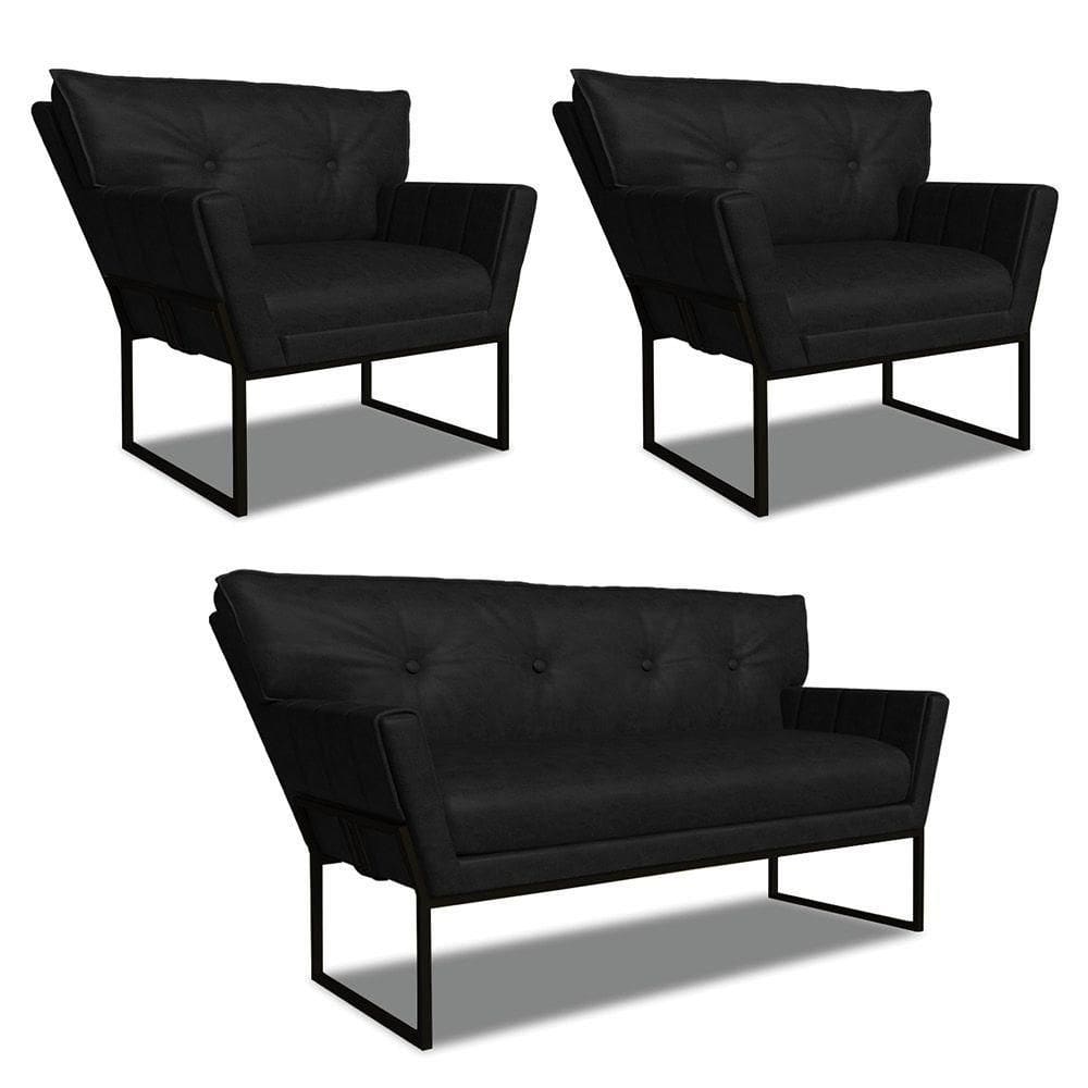 Namoradeira E 2 Poltronas Industrial Pto Anitta Sintét Pu Preto D03 - D`rossi
