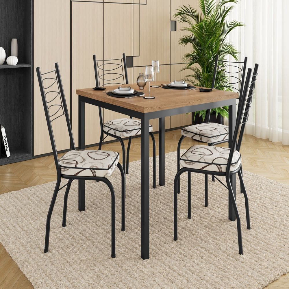 Conjunto de Mesa e Cadeira com 4 Cadeiras Preto/Madeira Cedro