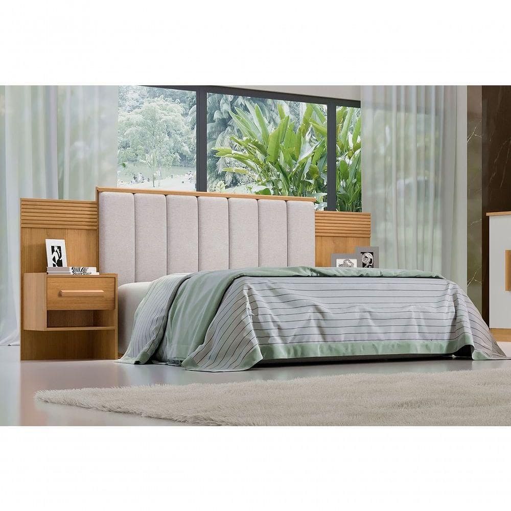 Cabeceira Para Cama De Casal Ripada Irís Estofada Com 2 Mesas De Cabeceira D` Doro Cinamomo/ripado