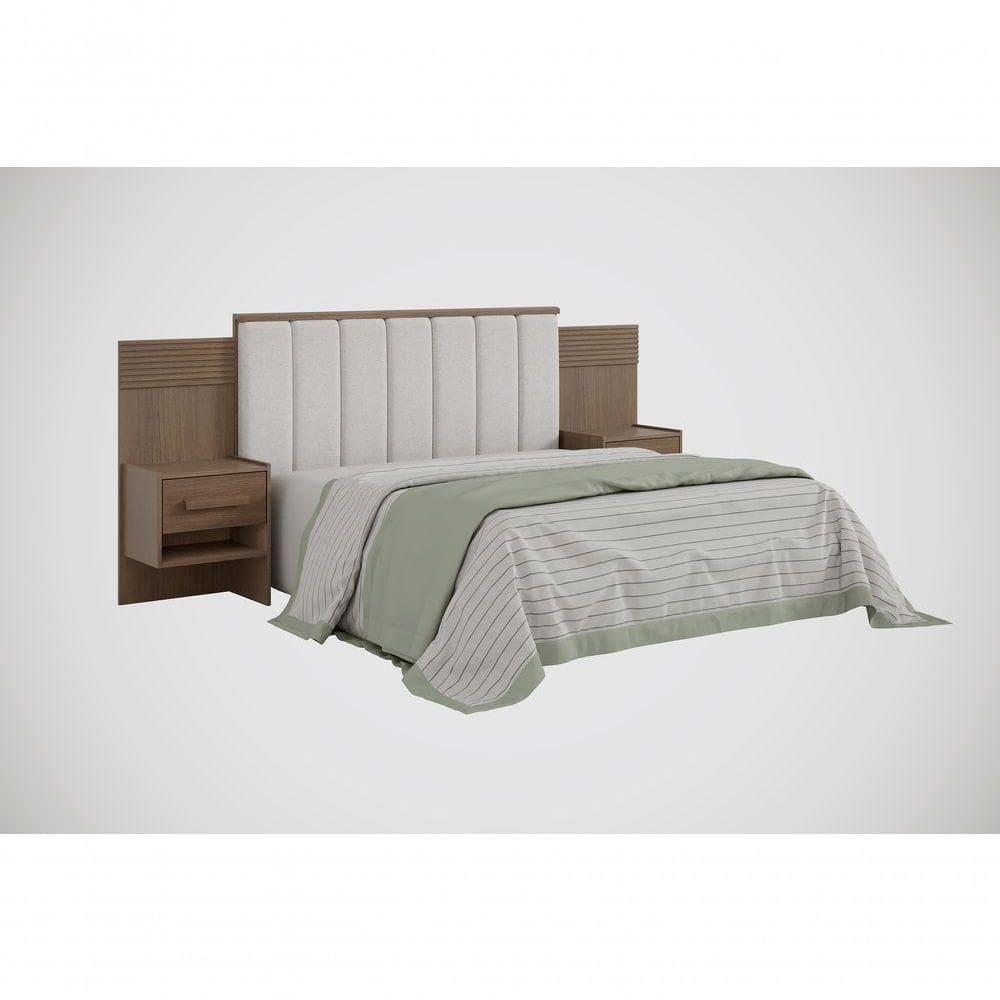 Cabeceira Para Cama De Casal Ripada Irís Estofada Com 2 Mesas De Cabeceira D` Doro Castanho/ripado