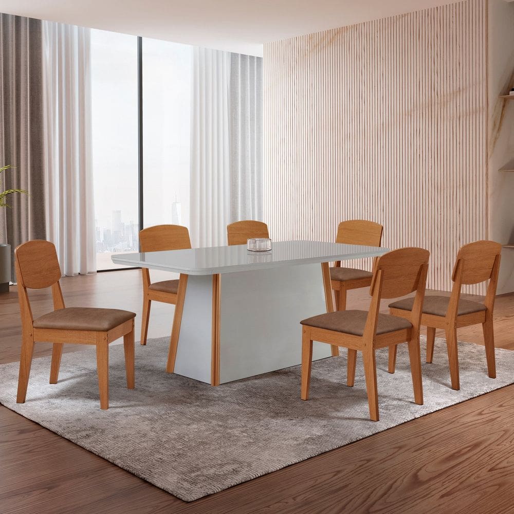 Conjunto Sala de Jantar Mesa 180cm Tampo MDF Vidro de canto Copo e 6 Cadeiras Merlim Cleo Tork / Naturalle / Off White / Serig. Off White