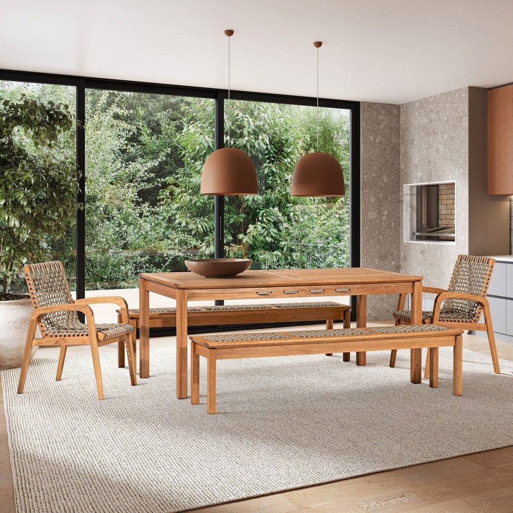 Conjunto 2 Bancos 2 Cadeiras 1 Mesa 180cm - Varanda Coberta/Área Gourmet Traço Stain Jatobá/Corda Rami