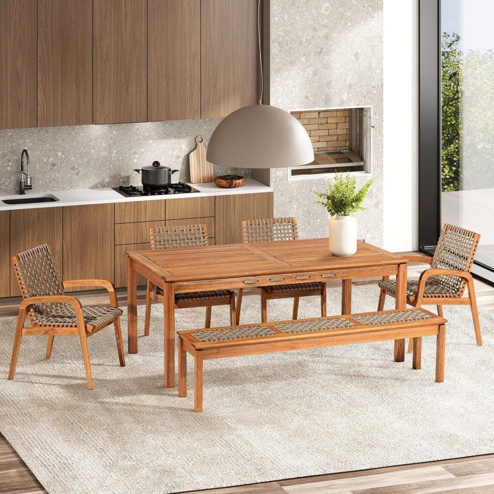 Conjunto para Sala de Jantar 1 Mesa 1 Banco e 4 Cadeiras Traço Stain Jatobá/Corda Rami
