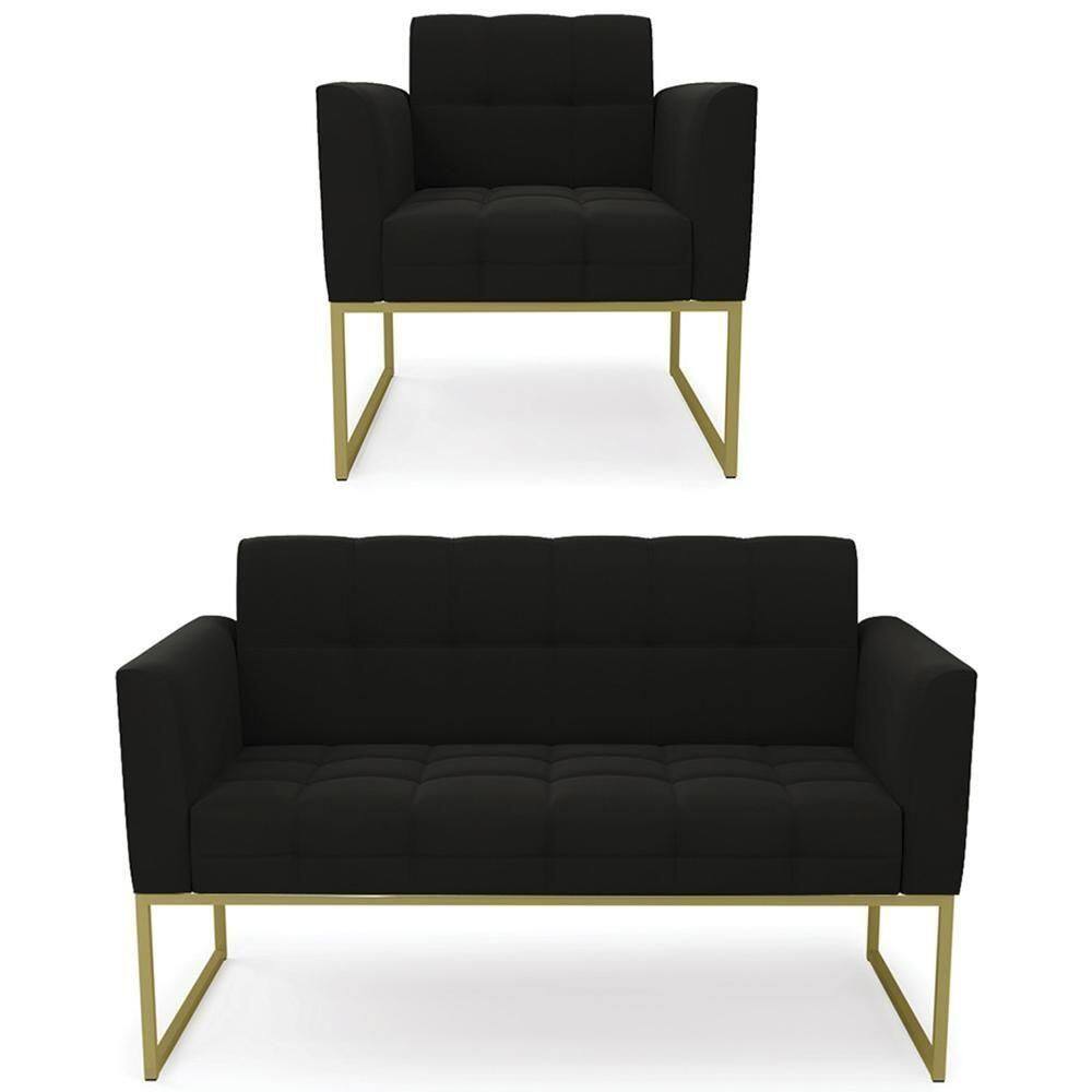 Sofá Namoradeira E 1 Poltrona Base Industrial Dourado Ana Suede Preto - Ibiza