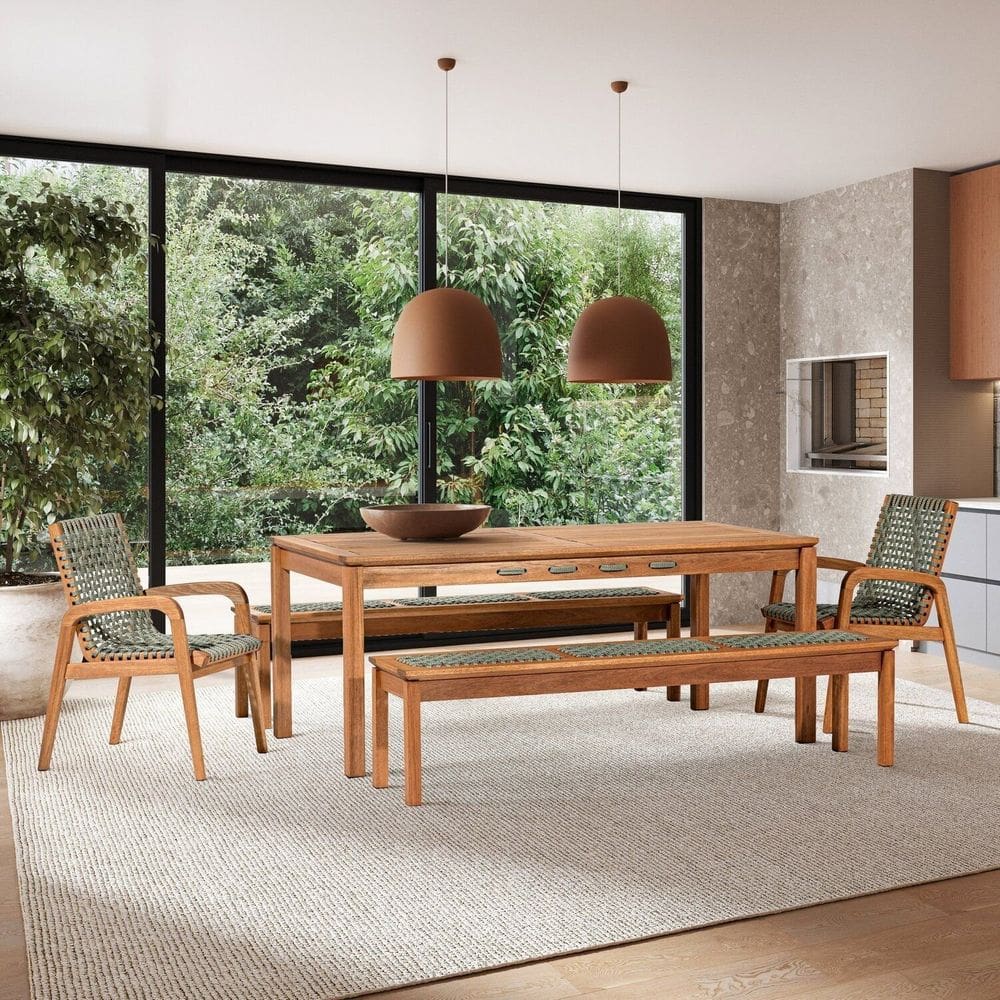 Conjunto 2 Bancos 2 Cadeiras 1 Mesa 180cm - Varanda Coberta/Área Gourmet Traço Stain Jatobá/Corda Verde Oliva