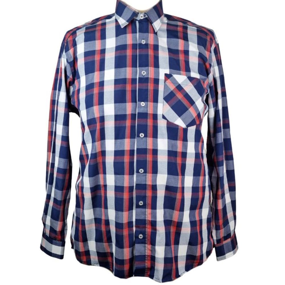 Camisa Social Manga Longa Azul Xadrez Plus Size