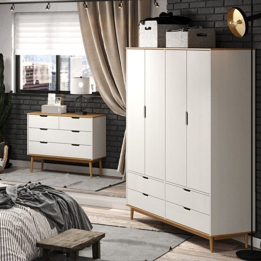 Conjunto Quarto com Guarda-Roupa 4 Portas 4 Gavetas e Cômoda 4 Gavetas Nórdica Yescasa ROBLE/BRANCO