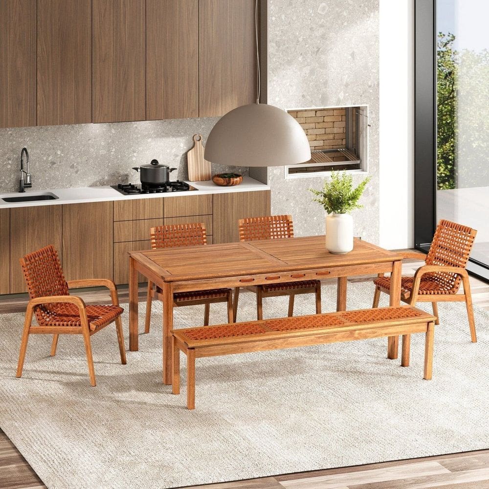 Conjunto 4 Cadeiras 1 Banco 1 Mesa 180cm - Varanda Coberta/Área Gourmet Traço Stain Jatobá/Corda Ocre Jaranja