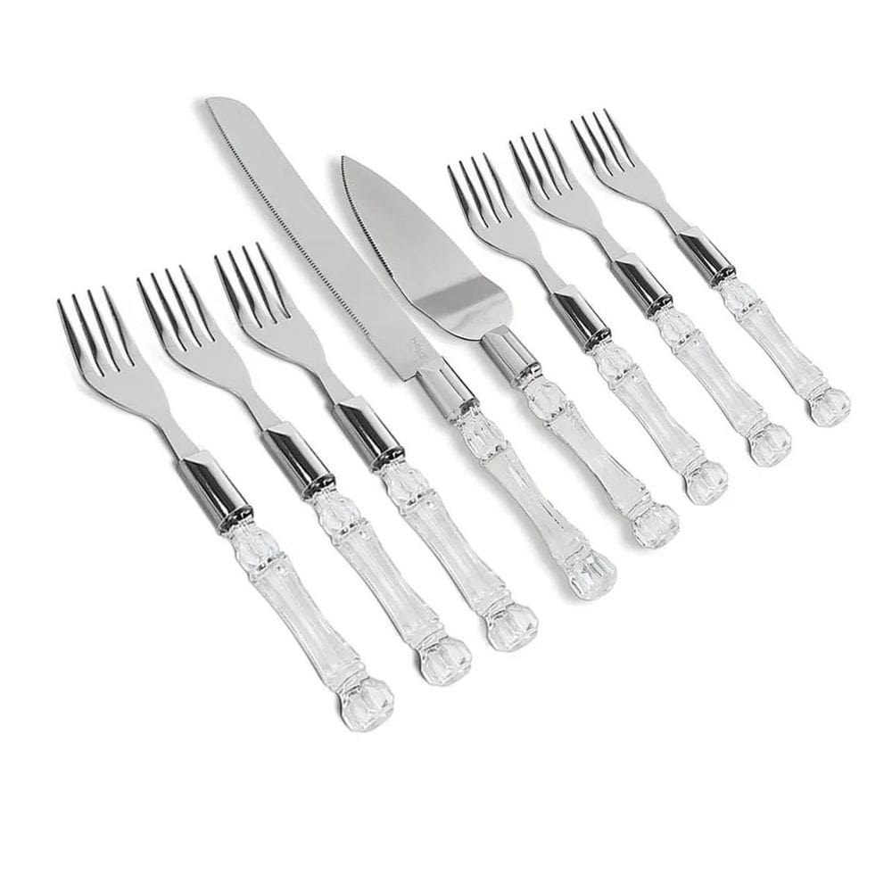 Jogo De Talheres Para Bolo C/8 Peças Inox Cabo Transparente