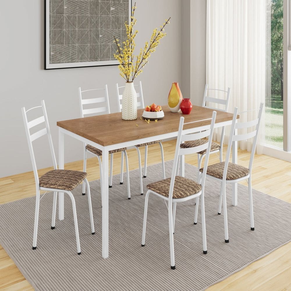Conjunto de Mesa com 6 Cadeiras Adriana Branco/ Rattan/ Demolição