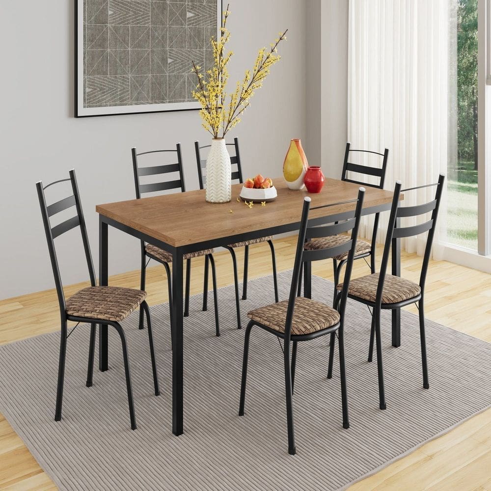 Conjunto de Mesa com 6 Cadeiras Adriana Preto/Rattan/Demolição