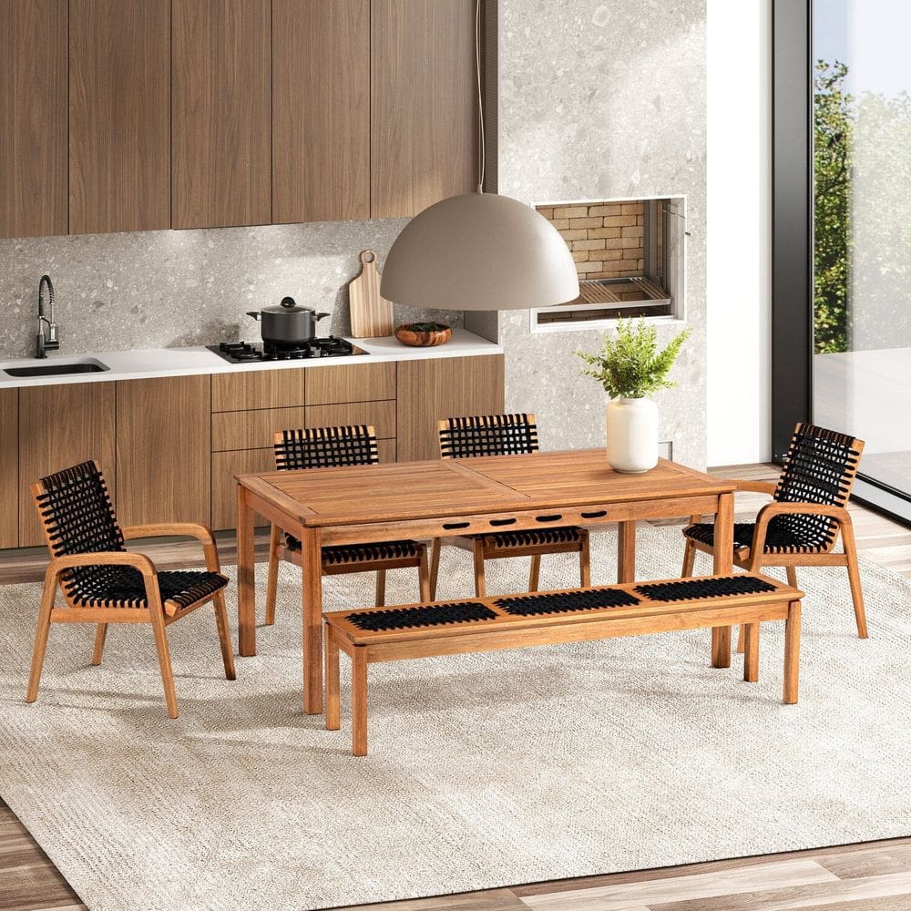 Conjunto 4 Cadeiras 1 Banco 1 Mesa 180cm - Varanda Coberta/Área Gourmet Traço Stain Jatobá/Corda Preto