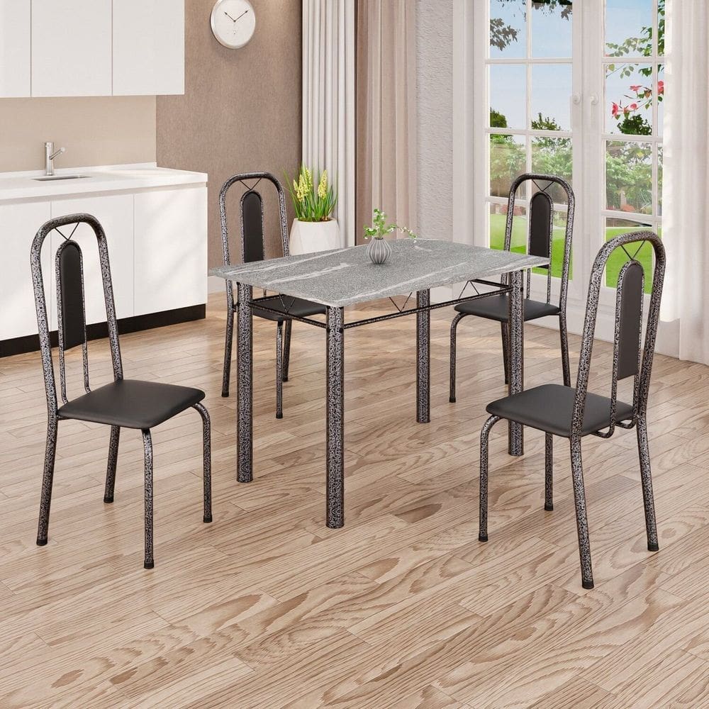 Conjunto de Mesa com 4 Cadeiras Lívia Preto/Prata