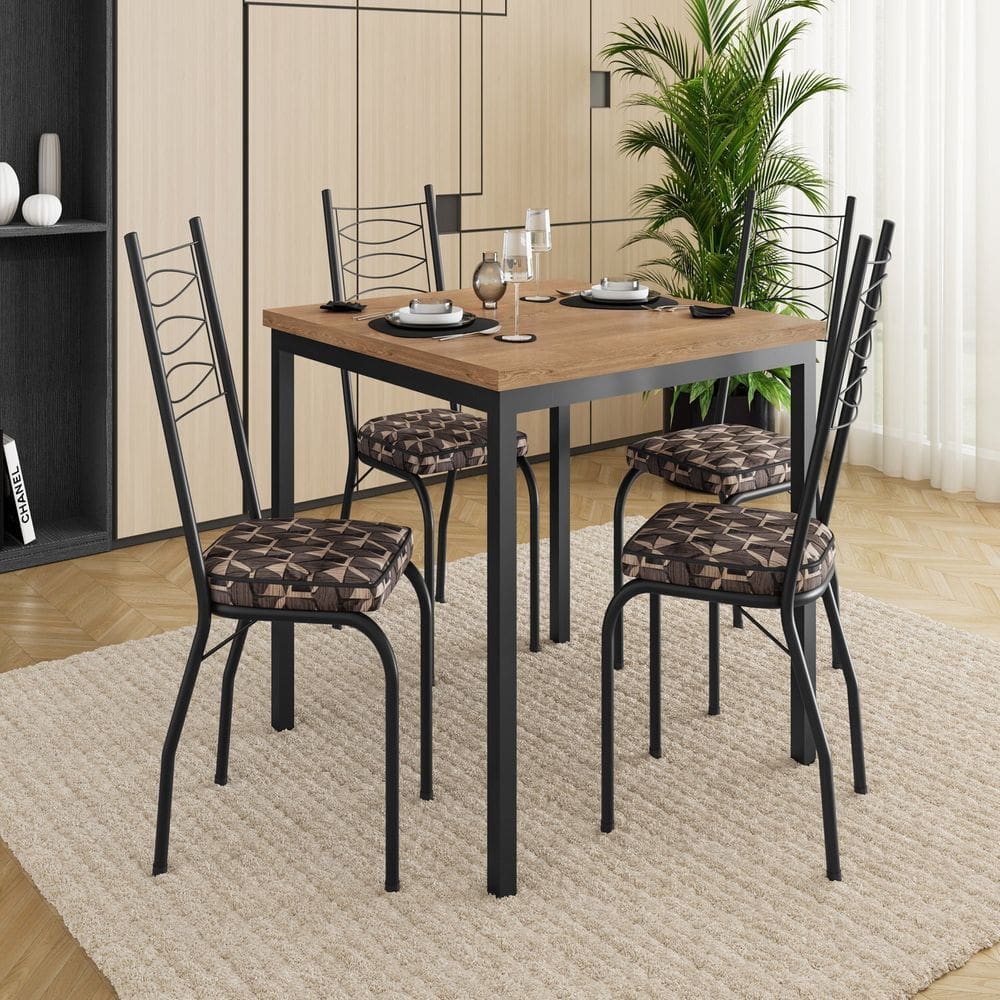 Conjunto de Mesa e Cadeiras com 4 Cadeiras Preto/Mosaico Palha