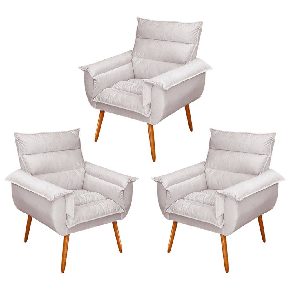 Kit 03 Poltronas Decorativas Modernas Sala e Recepção Monza Pés Palito Veludo Bege - Abmaza