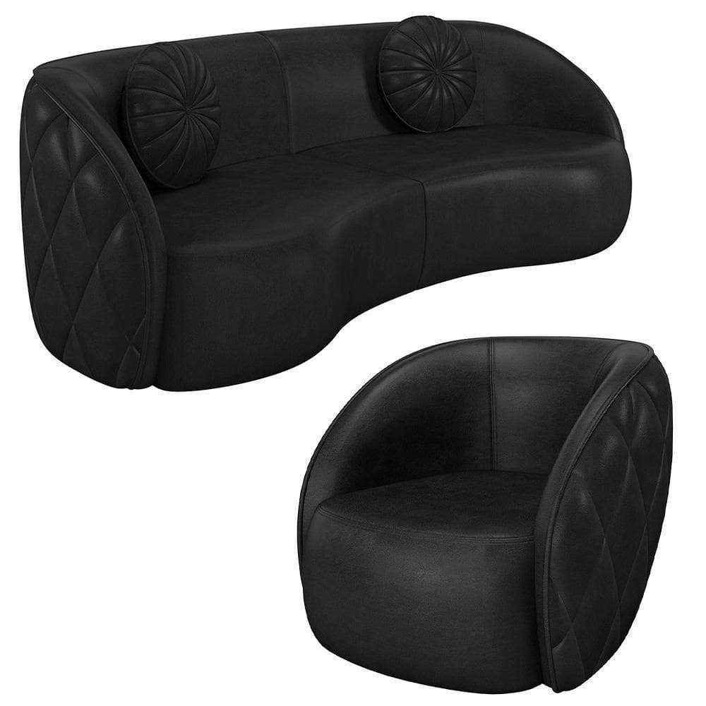 Sofá Decorativo 3 Lugares 240cm Com Almofadas E Poltrona Zion M22 Sintético Preto - Mpozenato