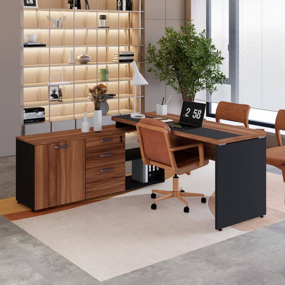Mesa para Escritório Diretor em L Escrivaninha com Armário e Gavetas – Tampo Bicolor Nogal Sevilha/Preto