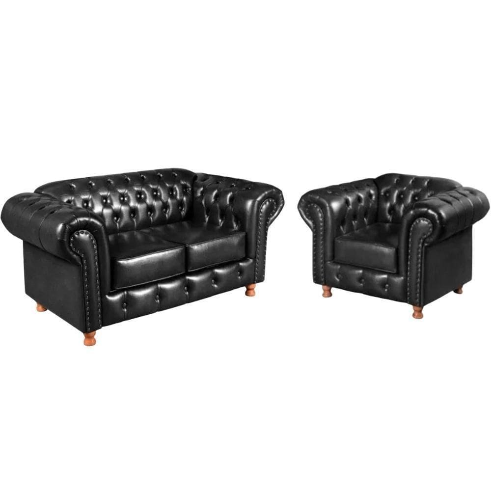 Conjunto Sofá 2 Lugares E Poltrona Chesterfield Luís Xv Vintage Retrô Capitonê Couro Preto